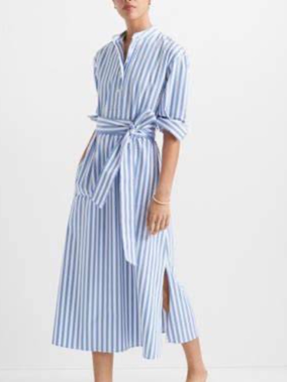 Club Monaco Half Placket Blue White Stripe Belted Midi Dress M NWT